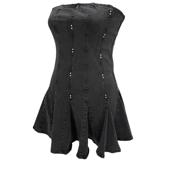Wild Fable Black Denim Strapless Mini Dress Y2K Streetwear Grunge Festival - Picture 7 of 9